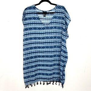 Cover2Cover Navy Blue Tassel Hem Kaftan Beach Cover Up Dress Medium